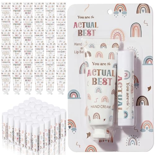 Loopeer 48 Set/ 96 Pcs Teacher Appreciation Gift Bulk Boho Rainbow Lip Balm Hand Cream Lotion Set Small Thank You Gifts Party Favors for Women Employee Coworker Staff Galentine's Day