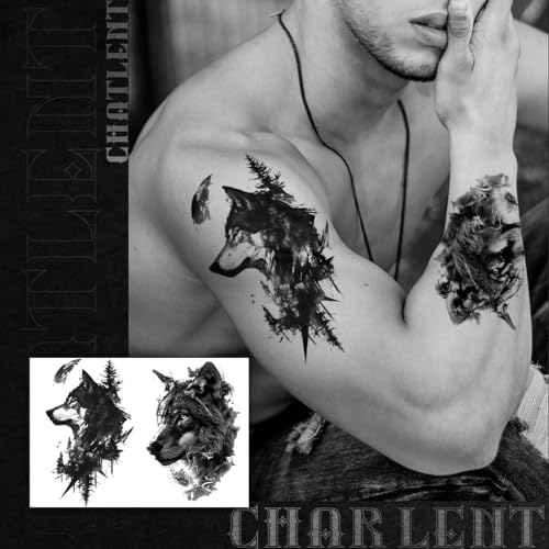 18 Pcs Realistic Tiger Bear Lion Wolf Temporary Tattoos for Men Adults - Black Fake Animals Tattoo Stickers for Men Women Adult Body Art Arm Chest Shoulder