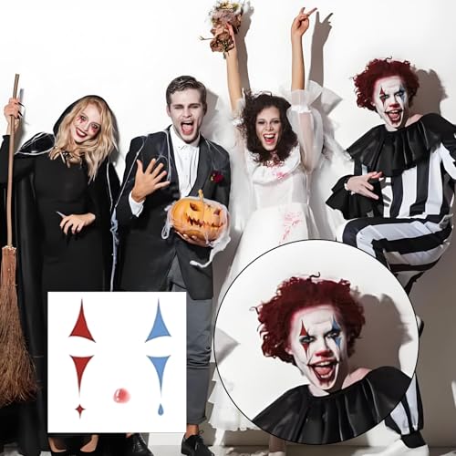 Halloween Face Tattoo Stickers - Clown Makeup, 15 Sheets
