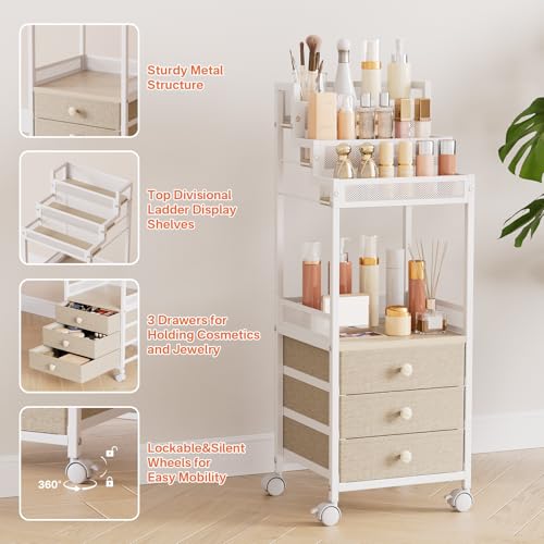 FURFUN 3-Tier Makeup Organizer Cart with Drawers - Rolling Storage