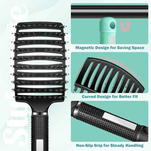 Curved Detangler Brush for Women Kid Men, 2 Pack Boar Bristle Vented Hair Brush Set with Clips for Fine Thick Hair Smoothing, Detangling, Faster Blow Drying