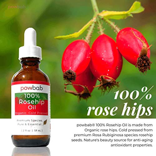 powbab 100% Rosehip Oil - Organic, Cold Pressed from Premium Rosa Rubiginosa Rosehip Seed. Face and Body Oil for Skin, Hair, Nail Repair. Raw Pure E Oil for Scars. Wild, Fair Trade - 2 oz.
