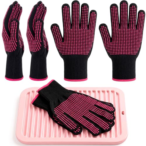 Pink Heat-Resistant Gloves & Mat Set for Hair Styling Tools