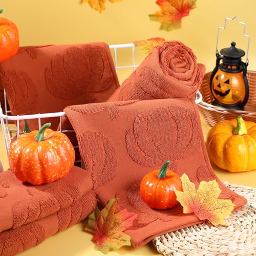 Peryiter Fall Hand Towels Set 3D Pumpkin Jacquard Rust Orange Autumn Decor
