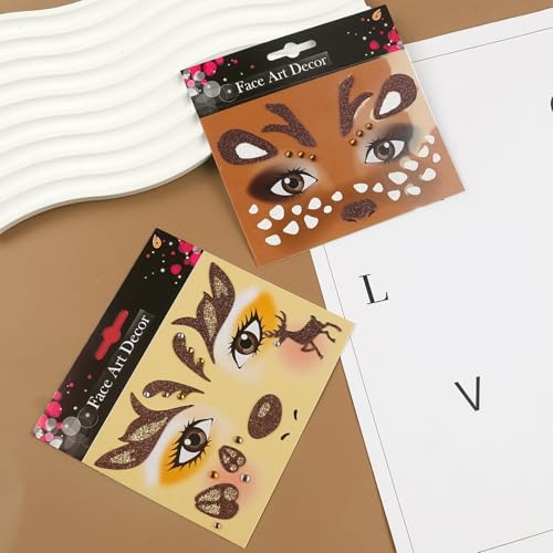 Christmas Reindeer Face Tattoos - Glitter Deer Stickers (2 Pack)