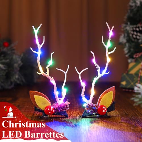 Jeairts LED Christmas Hair Clips Reindeer Antlers Hair Pins Branches Floal Colorful Xmas Headpiece Hair Dress Festival Elk Hair Accessories for Women and Girls