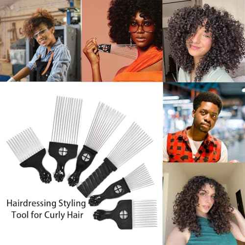 6 Pack Curly Afro Hair Metal Hair Picks, Metal Tool Hair Combs for Men Women Afro Wigs (Black)