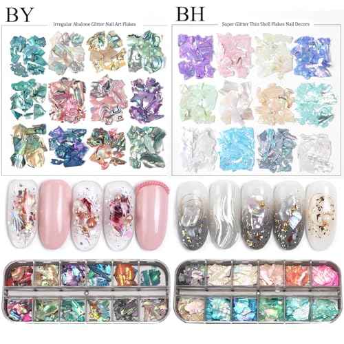 Aurora Shell Nail Glitter Flakes,Holographic Irregular Abalone Slices Sea Shell Sequins Nail Charms,Spring Summer DIY Manicure Paillette Accessories for Nail Art Decoration 3D Sparkly Nail Art Tips