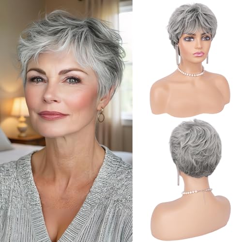 Gray Pixie Wig Short Layered Synthetic Hair Women