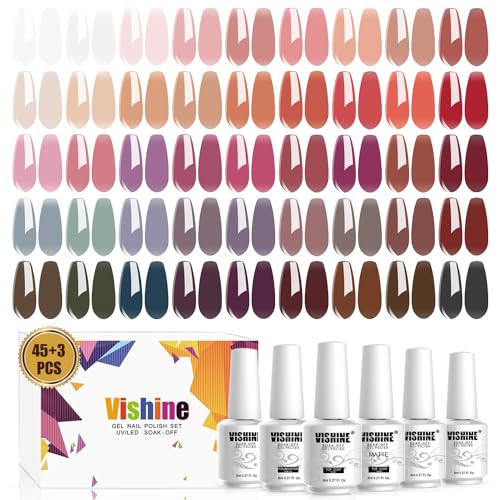 Vishine 48 PCS Jelly Gel Nail Polish, 45 Colors, Brown, Translucent, Crystal Clear Sheer Manicure Gift Set