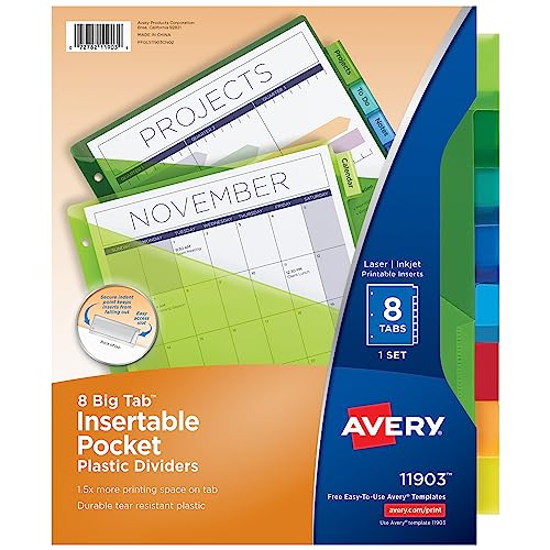 Avery Dividers for 3 Ring Binders, 8 Tab Binder Dividers, Plastic Binder Dividers with Pockets, Insertable Big Tabs, Multicolor, Works with Sheet Protectors, 1 Set (11903)