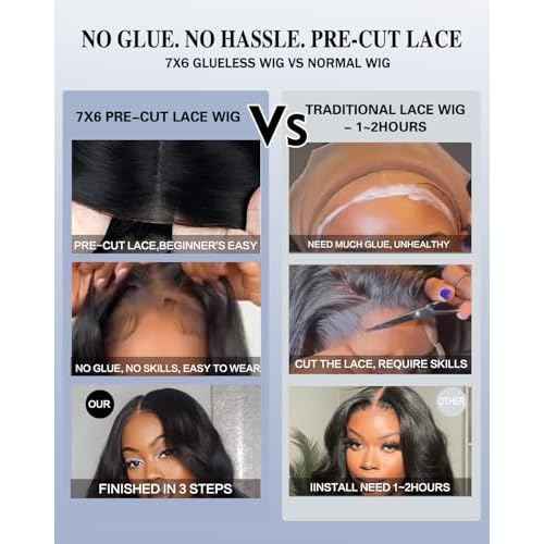 Glueless Wigs Human Hair Pre Plucked Pre Cut 250 Density 7x6 Lace Front Wigs Body Wave Closure Wig For Women 100% Human Hair Natural Black Color 24inch