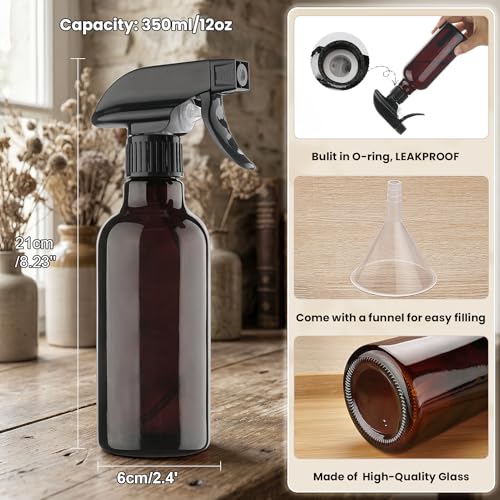 Hethyo 12oz Glass Spray Bottles - Adjustable Nozzle for Hair & Plants (2 Pack)