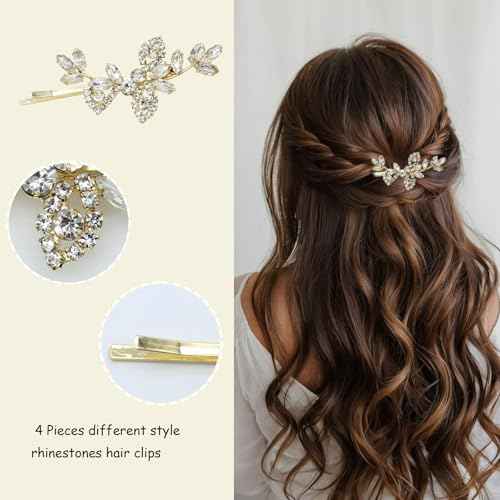 4 Pieces Rhinestone Hair Clips Gold Leaf Wedding Hair Pins Crystal Bobby Pins Silver Bridal Hairpin Barrette for Brides Bridesmaids Flower Girls