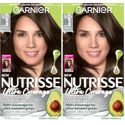 Garnier Hair Color Nutrisse Ultra Coverage Nourishing Creme, 500 Deep Medium Natural Brown (Glazed Walnut) Permanent Hair Dye, 1 Count (Packaging May Vary) (Pack of 2)