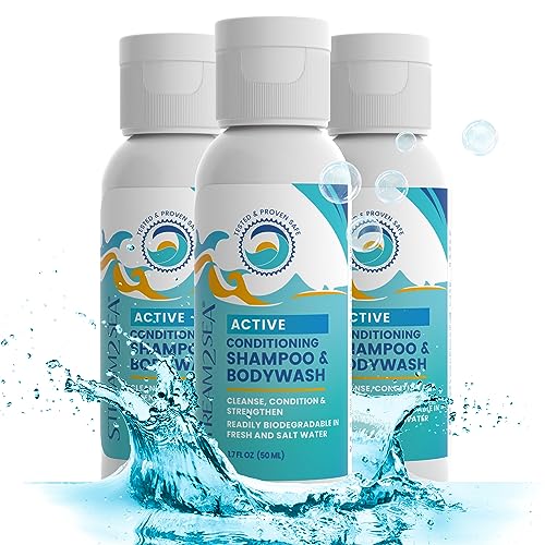 3 in 1 Hair Shampoo, Conditioner & Body wash | 1 Fl oz Reef Safe and Paraben Free All Natural Camping Hair Shampoo & Liquid Soap | Travel Size All In One Skin & Hair Care | Pack of 3 by Stream2Sea