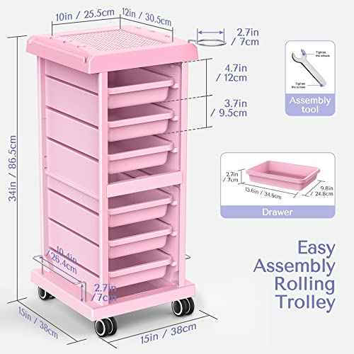 TASALON Salon Trolley - Space Saving Rolling Cart for Extra Storage - 6-Tray Multipurpose Salon Cart - Tattoo Tray - Pink