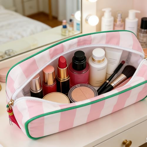 Large Stripe Zipper Makeup Bag - Chic Travel Cosmetic Organizer
