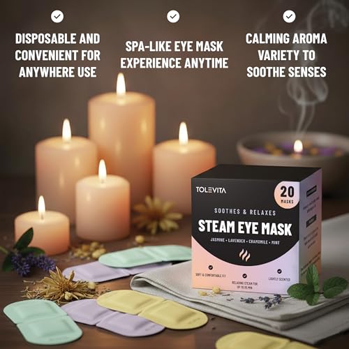 Steam Eye Mask, 20 Pack Self-Heating Disposable Warm Eye Masks for Relaxation & Comfort, Lavender, Mint, Jasmine & Chamomile Aromas, Spa Sleep Mask, Travel Essentials