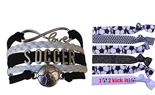 Sportybella Black Soccer Hair Ties & Silver Soccer Bracelet Set- Elastic Hair Ties, No Crease, No Tug Hair Elastics. Ideal Soccer Gifts/Soccer Stuff for Soccer Players & Coaches.