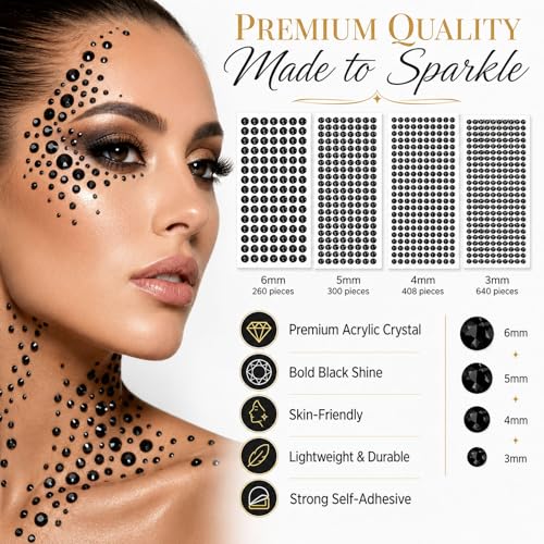 1608Pcs Black Face Gems Stickers Self-Adhesive Rhinestones 3-6mm