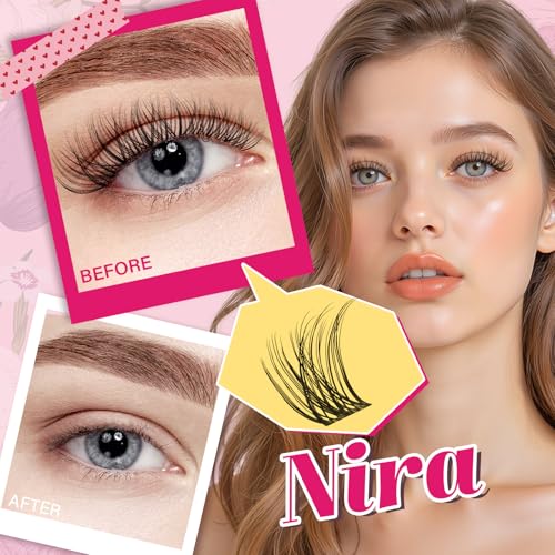 PROLASHBEAUTY Natural Lash Clusters Wispy Lashes Invisible Band Eyelash Clusters CC Curl Individual Lashes Natural Look Lashes Clusters with Super Thin Band Reusable Soft & Comfortable (Nira,8-16mix)