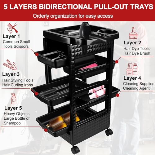 Salon Trolley Cart with 5 Drawers & 360° Wheels