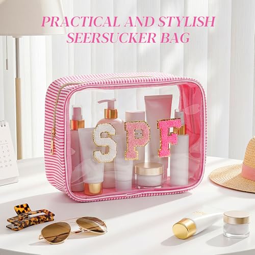 Sanwuta Seersucker Makeup Bag - Large Clear Travel Toiletry Pouch