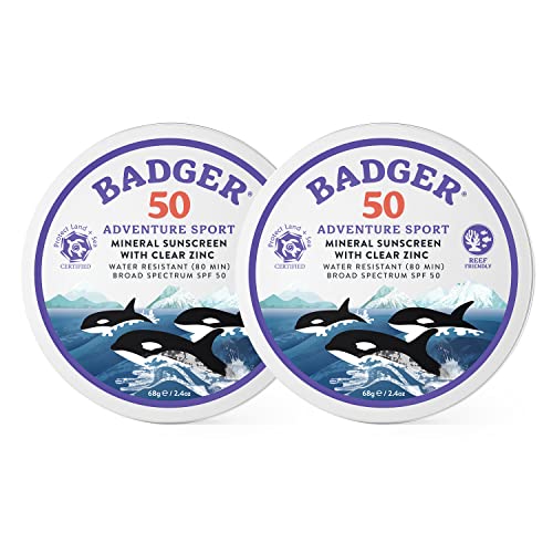 Badger Biodegradable Sunscreen in Metal Tin, SPF 50 Zinc Oxide Sunscreen with 98% Organic Ingredients, Reef Safe, Broad Spectrum, Water Resistant, Unscented, 2.4 oz (2 Pack)