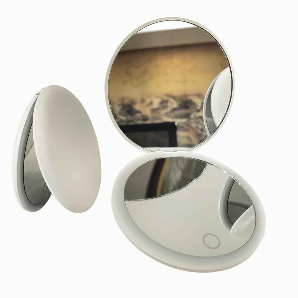 Yousonew LED Mini Makeup Mirror, 1X/2X Magnification, Mini Compact with Light, Pink/White (White, 3.5)