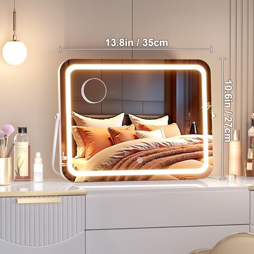 MINISO Vanity Mirror with Lights, 13.8" x 10.6" LED Makeup Mirror, Light & Brightness Adjustment, Smart Sensor, Aluminum Alloy Metal White Frame, with 5X Magnifying Glass