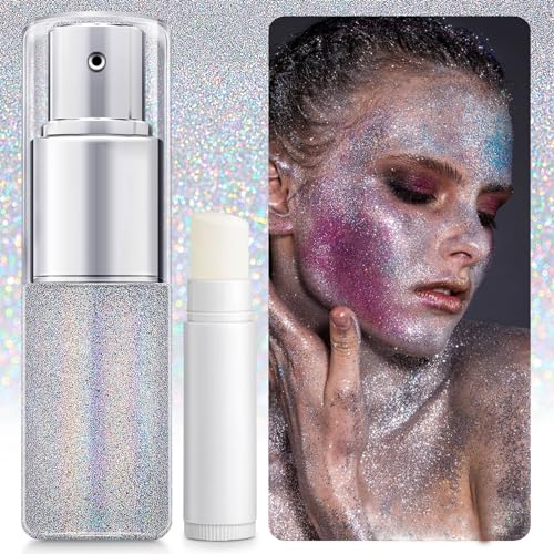 Hair Glitter Spray,Sliver Glitter Spray for Hair and Body Face Glitter Spray Long-Lasting Glitter for Hairspray Clothes Makeup Festival Stage Crafts(with Moisture Stick)
