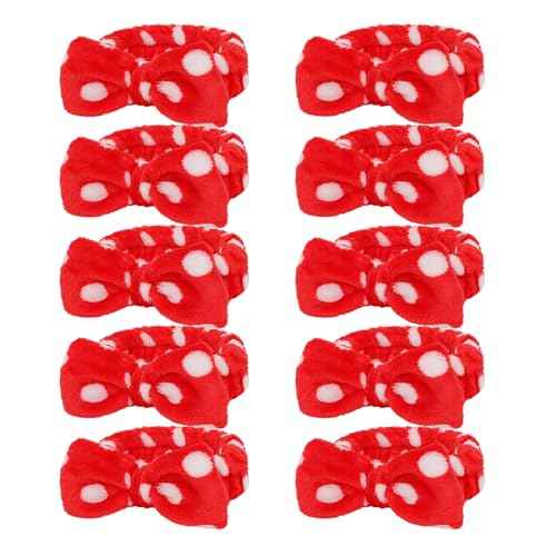 Casoty 10 Pcs Red Dot Makeup Headbands, Spa Gifts for Women Girls, Soft Coral Fleece Skincare Headband, Bow Hair Bands, Beauty Headbands for Face Washing Shower Skin Care Yoga