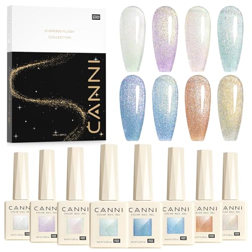 CANNI Aurora Purple Blue Gold Glitter Gel Nail Polish Set - 8 Color 9ml UV LED Soak Off