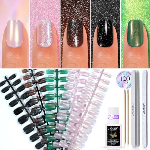 NEW Press on Nails Short 5 Styles, Jofay Fashion 120Pcs Salon-Like Fake Nails with Cat Eye | Glitter | Mermaid Chrome Nail Designs, Artificial Acrylic Nails Gel Glue on Nails Stick on Nails for Women