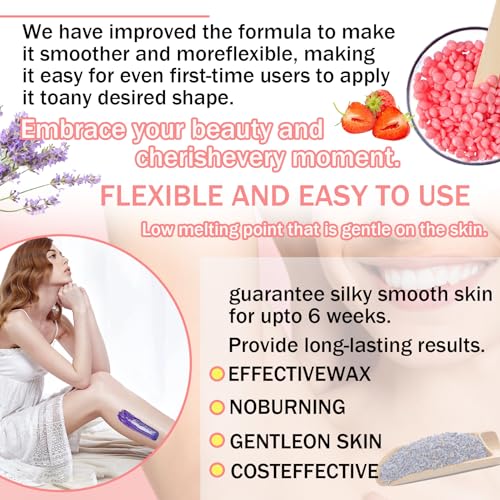 4 Colors Hard Wax Beads for Hair Removal,Gentle Hard Wax Kit with 10 Applicator Sticks,Peel-Off Waxing Beads for Facial and Full Body