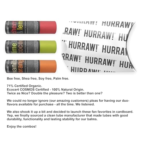 Hurraw! Cherry Lemon, Lime Coconut, and Vanilla Orange Lip Balm 3 Pack Bundle: Plastic-Free with new cardboard push-up tube. Certified Organic, Natural & Vegan. Bee, Shea, Soy & Palm Free. Made in USA