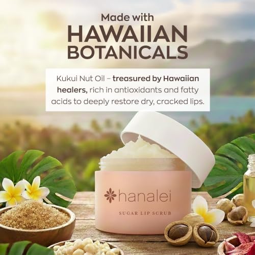 Hanalei Vegan Sugar Lip Scrub - Hawaiian Cane Sugar Exfoliator, 22g - Lip Treatment & Moisturizer