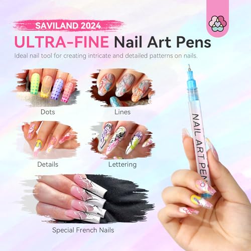 Saviland Nail Art Kit: 12 Colors 0.5mm Nail Polish Pens for Nail Art Design & 1g White Pearl Chrome Powder for Gel Nail Polish