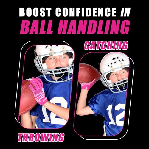 HANDLANDY Youth Football Gloves, Sticky Wide Receiver Gloves for Kids & Adult, Pink Stretch Fit Football Gloves (Pink and White, X-Small)