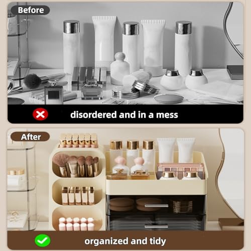 Large Makeup Organizer with Drawers, Spacious Cosmetics Display Case with Brush Holder for Vanity, Skin Care Storage Solution for Lipstick Eyeshadow Palettes Beauty Essential Bathroom
