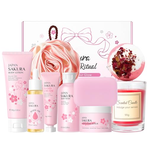 INSEEK Cherry Blossom Bath and Body Gift Set for Women, 9Pcs Bath Gift Sets, Relaxing Home Bath Spa Gifts Set for Self Care, Christmas Birthday Gifts for Mom, Girlfriend, Sister, Female Friends