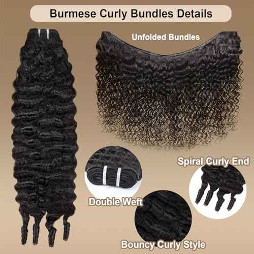 Burmese Curly Bundles Human Hair 18 20 22 Inch 12A Water Wave 3 Bundles 100% Unprocessed Quick Weave 3c4a Deep Wave Bundles with Spiral Curly End Real Human Hair Extensions Natural Black