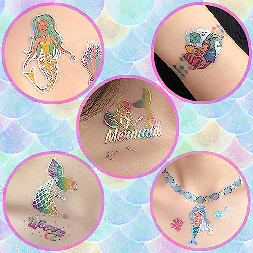 100 Glitter Styles Mermaid Temporary Tattoos for Girls - 6 Sheets, 100 PCS, Waterproof & Sweat-resistant, Safe for Kids, Ages 3+