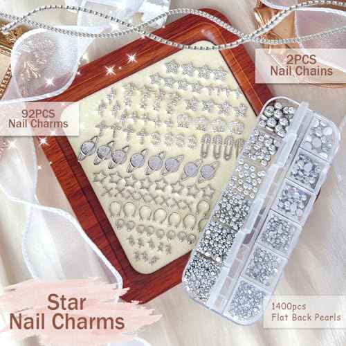 92pcs Star Nail Charms, 1 Box Silver Nail Pearls for Crafting Flat Back, Y2K Silver Metal Planet Cross for Acrylic Nail Art Rhinestones Dangling Star Nail Chains Cute Gems Manicure Decorations Bulk