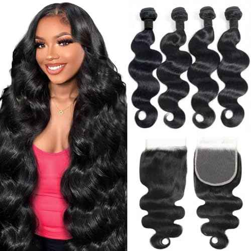 12A Human Hair Bundles with Closure 18 20 22 24+16 Inch Brazilian Body Wave 4 Bundles Human Hair with 5x5 HD Lace Closure Unprocessed Virgin Human Hair Natural Black