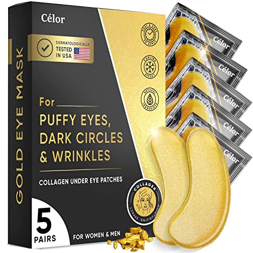 Under Eye Patches (5 Pairs) - Gold Under Eye Mask Amino Acid & Collagen for Face Care, Dark Circles and Puffiness, Beauty & Personal Care