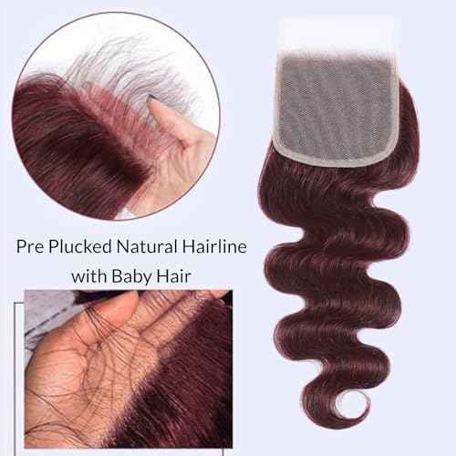 99j Dark Burgundy Body Wave 3 Bundles with 4x4 Closure Human Hair HD Lace Free Part, 12A Soft and Glossy #99j Wine Color 100% Brazilian Virgin Remy Hair Bundles with Closure 14 16 18+14 Inch