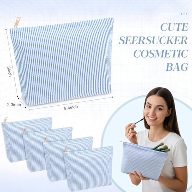 Sanwuta 4-Piece Seersucker Striped Makeup Bag Set, Blue