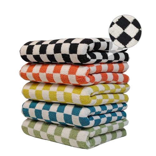 5 Pack 13 x 29 Inch Decorative Face Towels and Hand Towels, 100% Cotton, Ultra-Soft, Highly Absorbent, with Stylish Checkered Pattern Perfect for Bathroom, Kitchen, Pool, Yoga, Travel, and Gym.